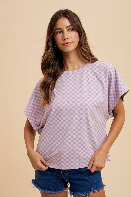 Annie Wear Lavender Checkered Round Neck Short Sleeve T-Shirt Lavender