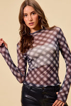 SO ME Plaid Mesh Knit Long Sleeve Top with Thumb Opening