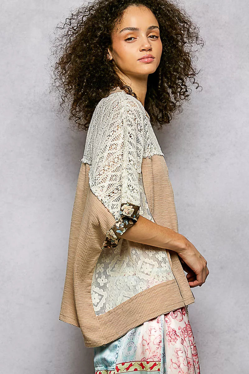 POL Dried Taupe Floral Patchwork Lace Accent Blouse