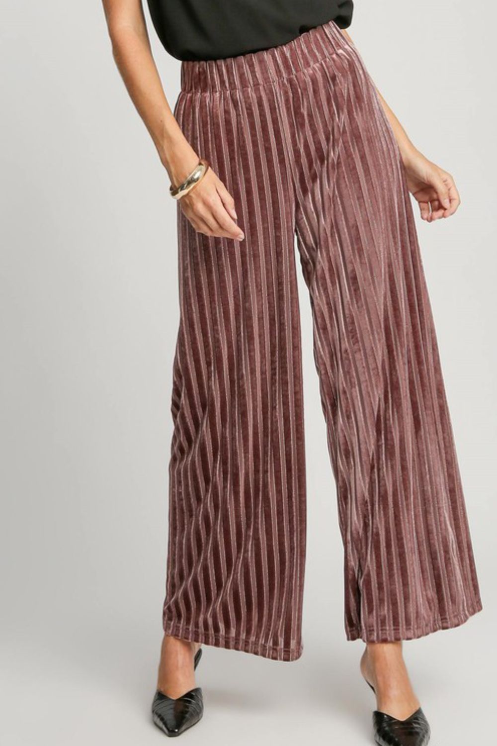 Umgee Elastic Waist Striped Wide Leg Velvet Pants Burgundy Pants