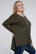 Zenana Plus Size Dolman Sleeve V-Neck Side Slit Hi-Low Hem Top ZENANA