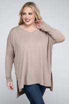 Zenana Plus Size Dolman Sleeve V-Neck Side Slit Hi-Low Hem Top ZENANA