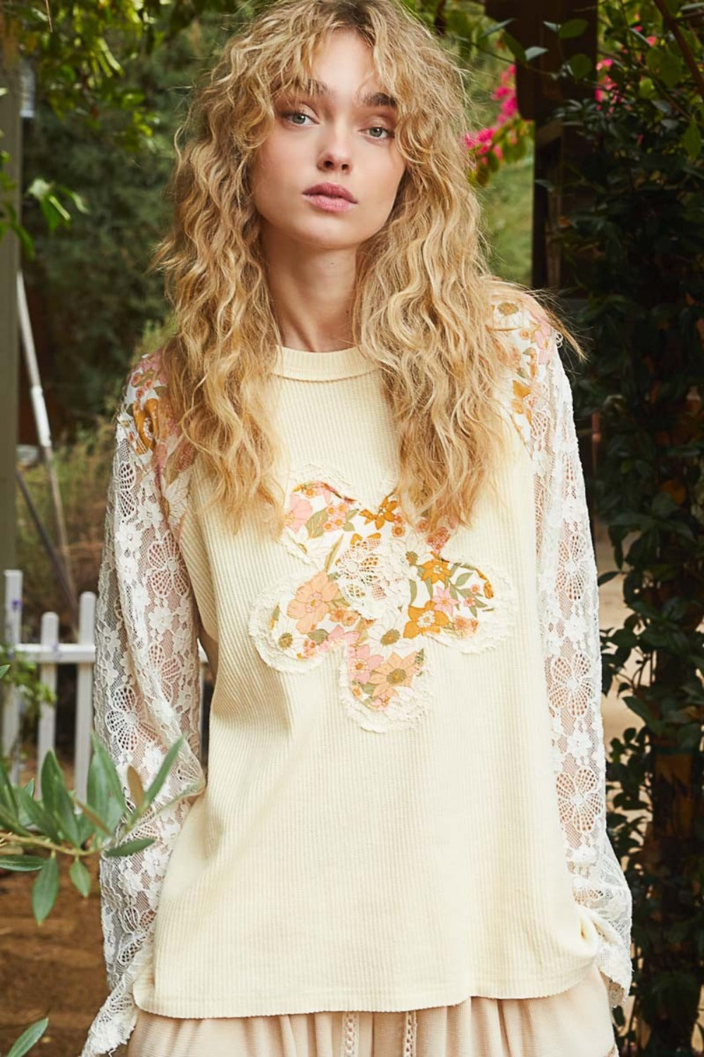 POL Flower Patch Lace Sleeve Knit Top Trendsi