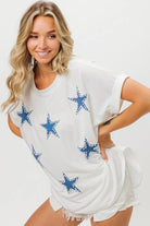 BiBi Off White Beaded Blue Stars Applique Fourth of July Terry T-Shirt