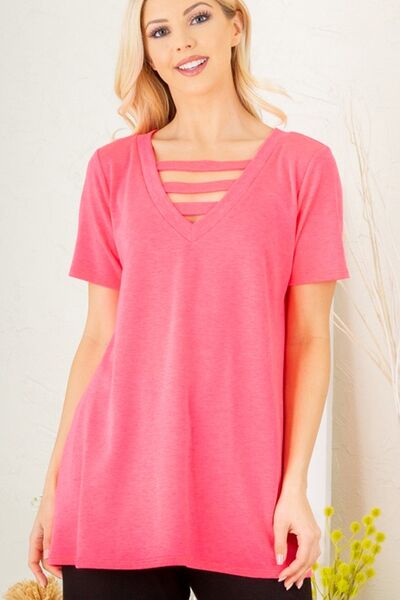 Heimish Hot Pink V-Neck Short Sleeve Top with Bar Detail