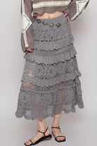 POL Dark Gray Crochet Lace Ruffled Midi Skirt Dark Gray