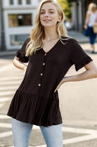 Heimish Ruffled V-Neck Short Sleeve Blouse Black