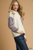 Umgee Cream Flower Jacquard Striped Long Sleeve Sweater