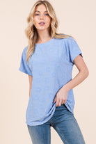 BOMBOM Light Blue Textured Floral Pattern Short Sleeve T-Shirt