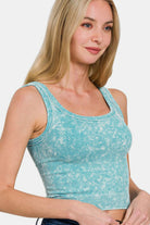 Zenana Ice Blue Stone Washed Ribbed Scoop Neck Wide Strap Seamless Bra Tank ICE BLUE