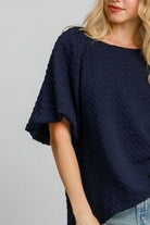 Umgee Dark Navy Boxy Cut Jacquard Round Neck Top with Side Slit