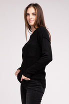 Zenana 9 Colors Melange Hi-Low Hem Round Neck Chest Pocket Sweater ZENANA