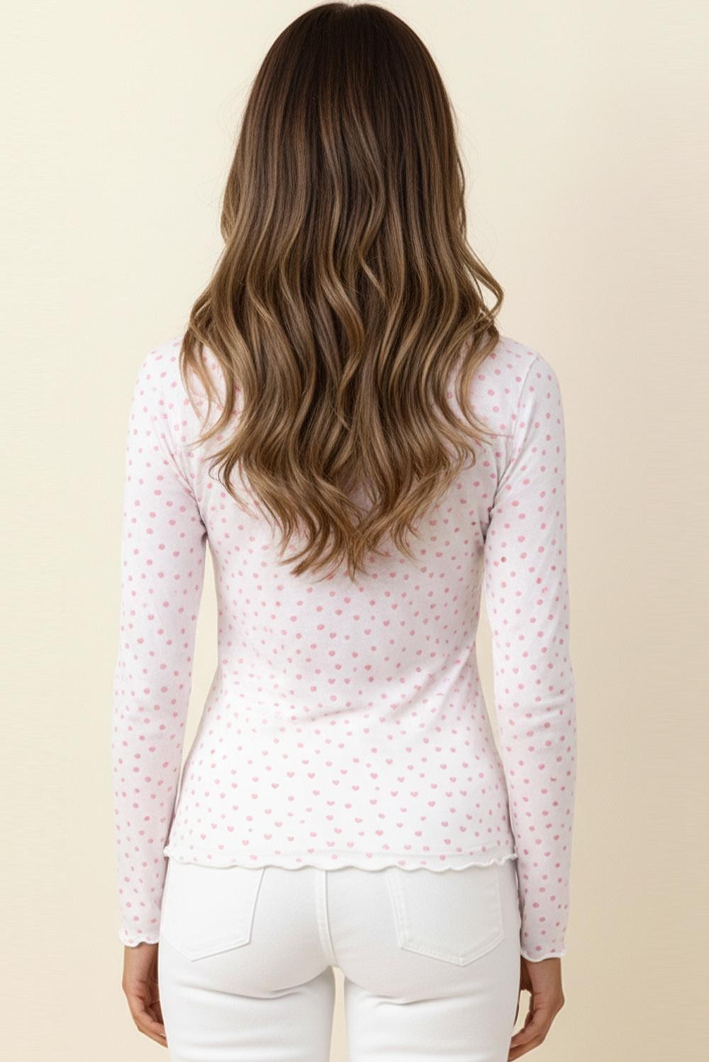 Haptics Ivory Heart Print Mesh Long Sleeve Semi-Sheer Top