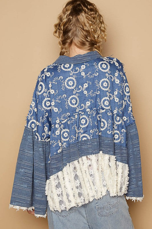 POL Peacock Blue Lace Hem Embroidered Long Sleeve Shirt Shirts & Tops