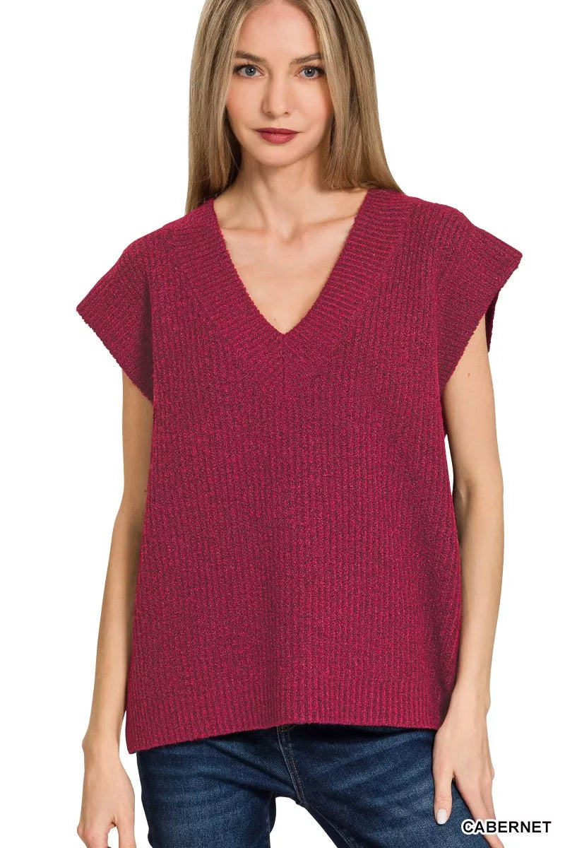 Zenana Cabernet Ribbed Slit V-Neck Sweater Vest CABERNET