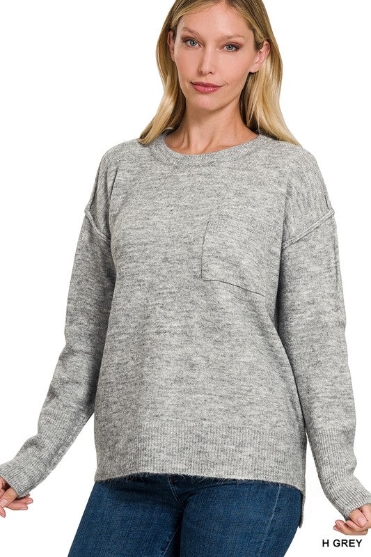 Zenana 9 Colors Melange Hi-Low Hem Round Neck Chest Pocket Sweater H GREY L XL Shirts & Tops