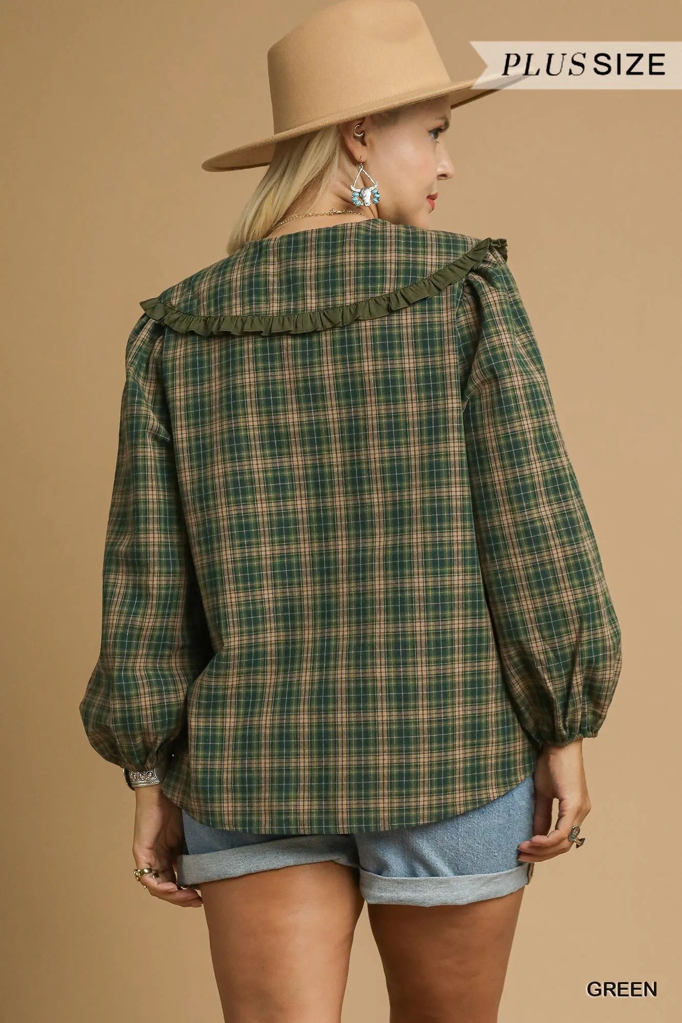 Umgee Green Plaid Ruffle Collar Blouse