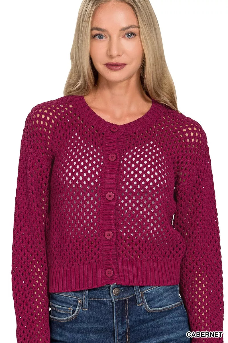 Zenana Cabernet Button Down Lightweight Crochet Cardigan Sweater CABERNET