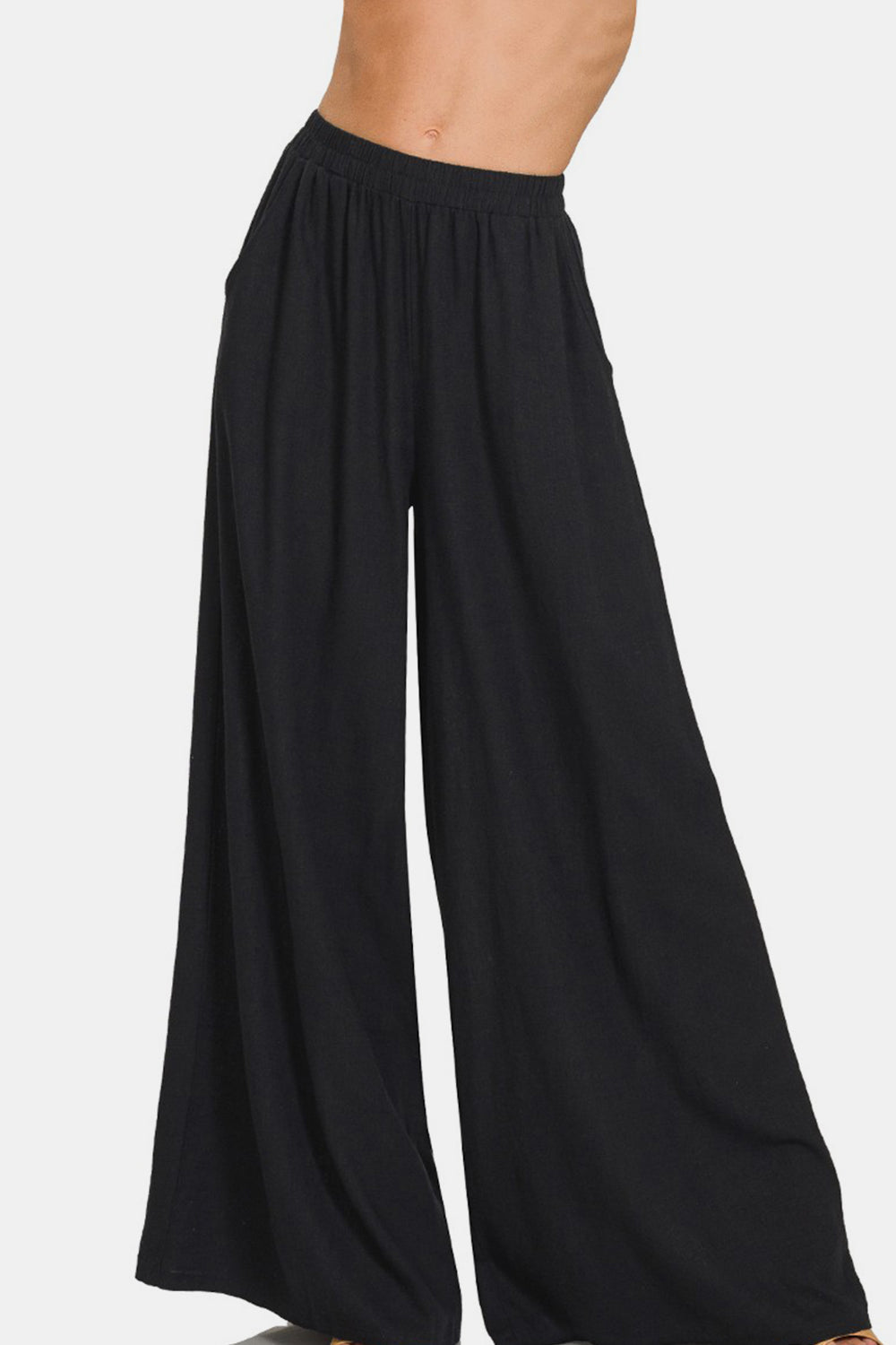 Zenana Black Pleated Linen Blend Wide Leg Pants Black Trendsi