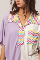 BiBi Lavender Color Block Knit with Multi Checker Contrast Top