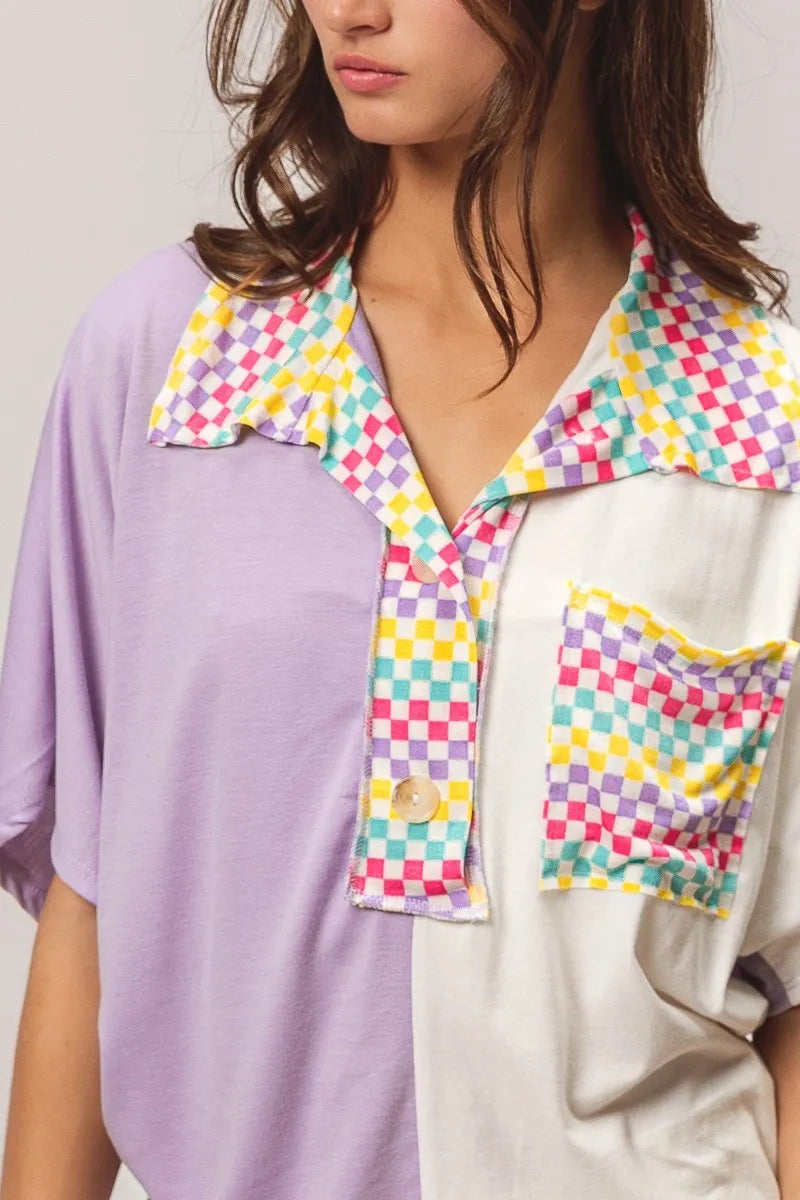 BiBi Lavender Color Block Knit with Multi Checker Contrast Top