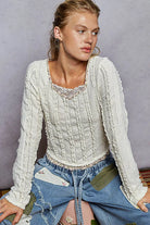 POL Cream Texture Long Sleeve Blouse with Floral Ruffled Details