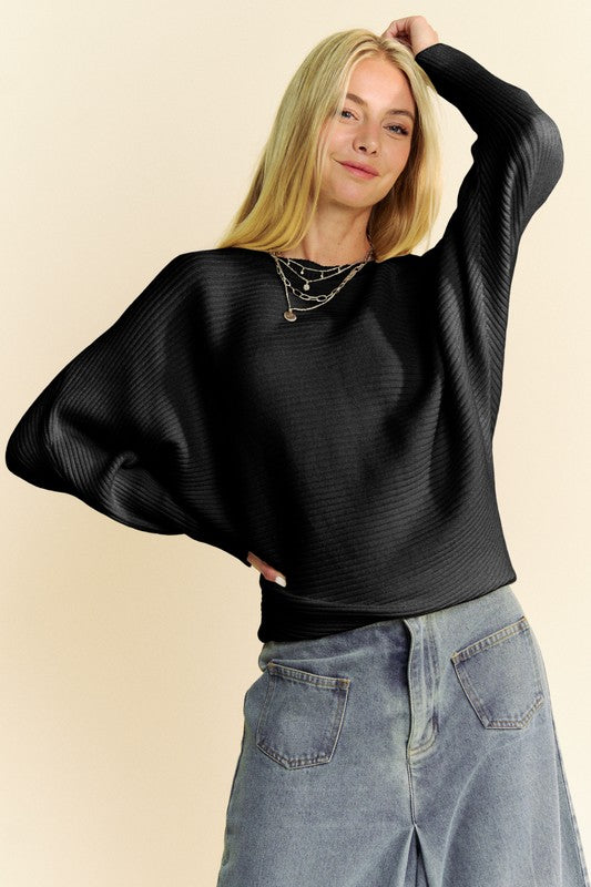 Davi & Dani Black Round Neck Batwing Sleeve Sweater Black