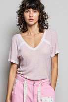 POL Baby Pink Lace Detail V-Neck Short Sleeve Textured T-Shirt