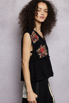 POL Black Floral Patch Ruffled Sleeveless Top with Raw Edge Detail