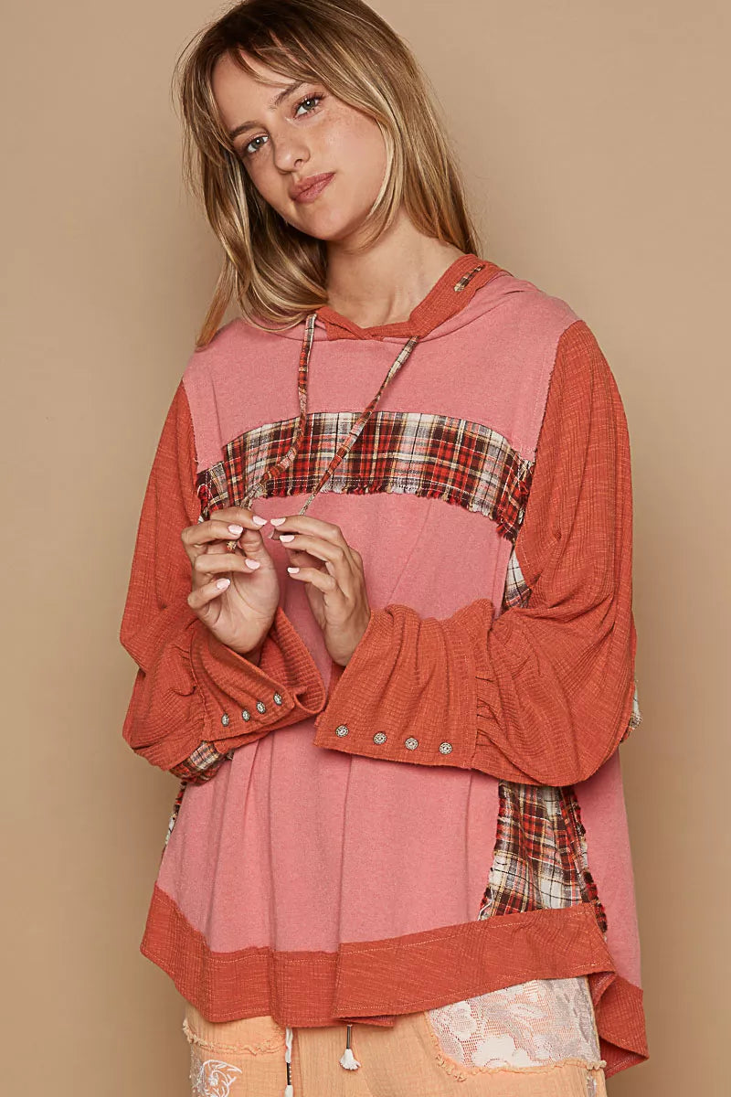 POL Blush Brick Oversized Drawstring Long Sleeve Hoodie with Plaid Detail