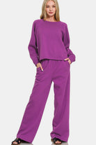 Zenana Deep Purple Round Neck Raglan Sleeve Top and Elastic Waist Pants Set Deep Purple Loungewear Set