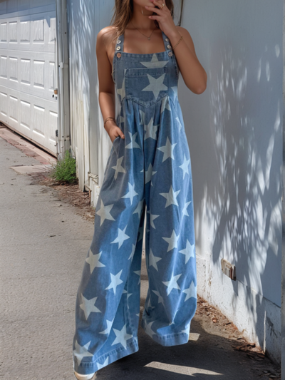 Preorder Star Print Buttoned Strap Wide Leg Denim Overalls Medium