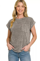 Zenana Ash Black Halo Snow Washed Cuffed Short Sleeve Tee