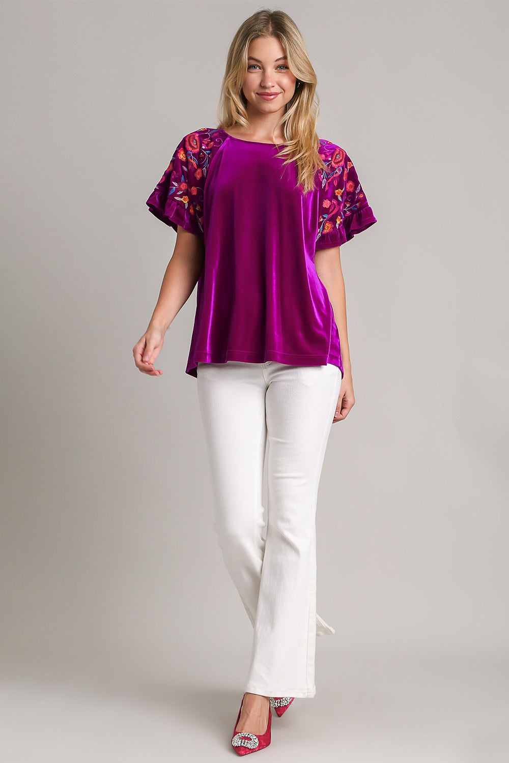 Umgee Violet Velvet Embroidery Short Sleeve Blouse Shirts & Tops