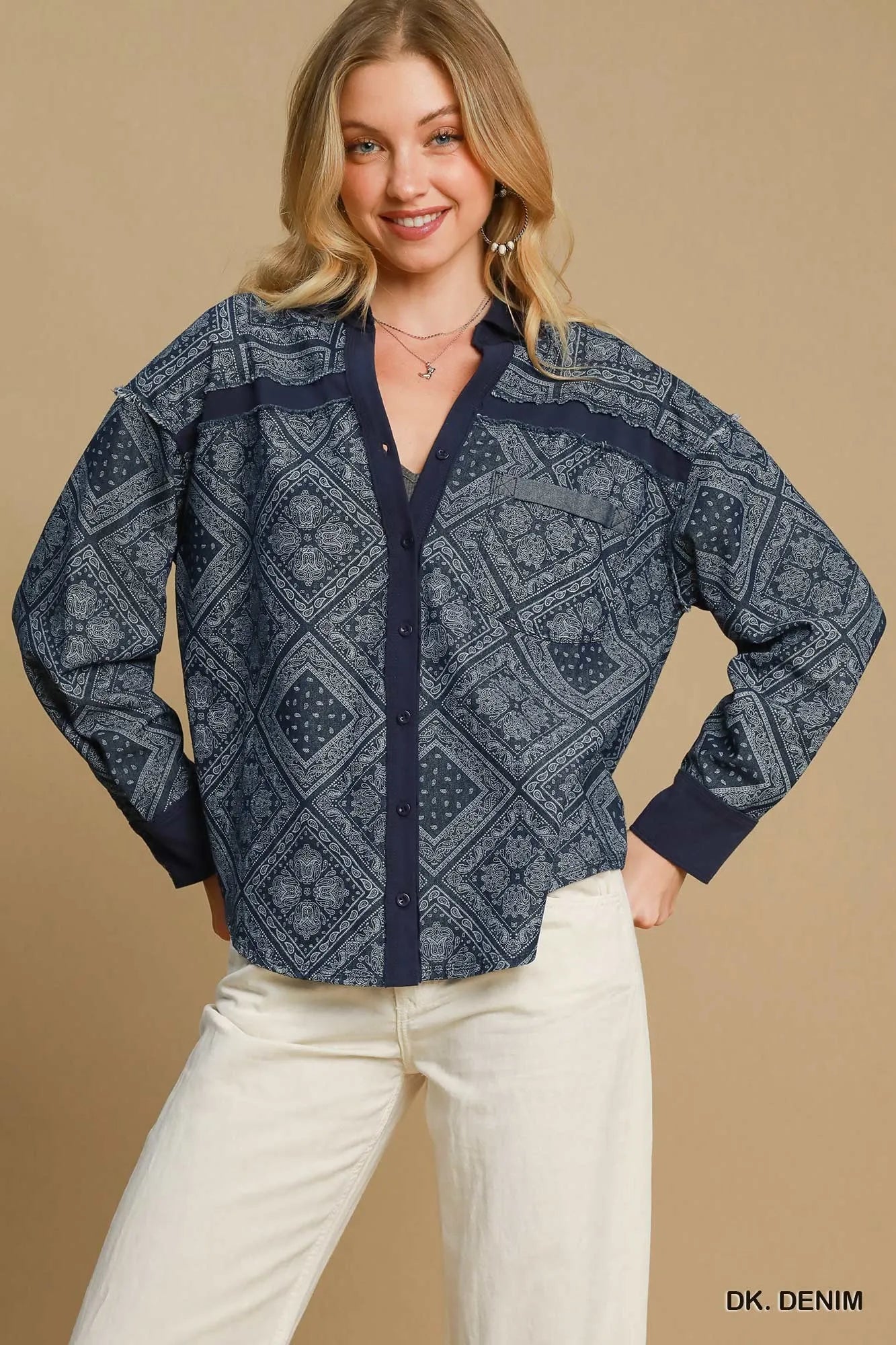 Umgee Dark Denim Paisley Print Denim Shirt Jacket DK. DENIM