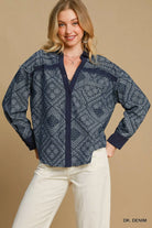 Umgee Dark Denim Paisley Print Denim Shirt Jacket DK. DENIM
