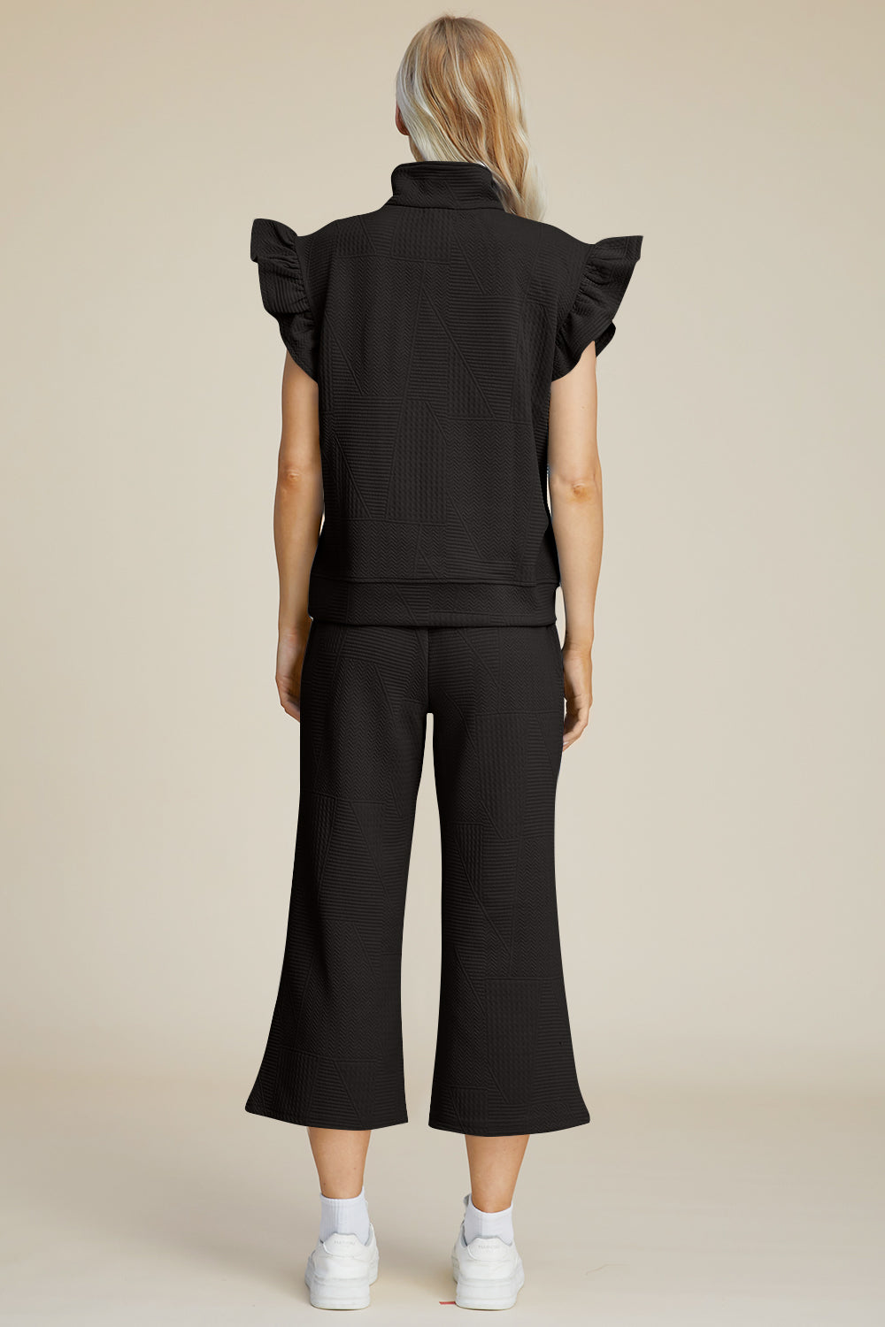 Double Take Geometric Textured Ruffle Short Sleeve Top and Wide Leg Pants Set Trendsi