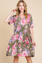 BOMBOM Flower Print V-Neck Ruched Dress Floral Trendsi