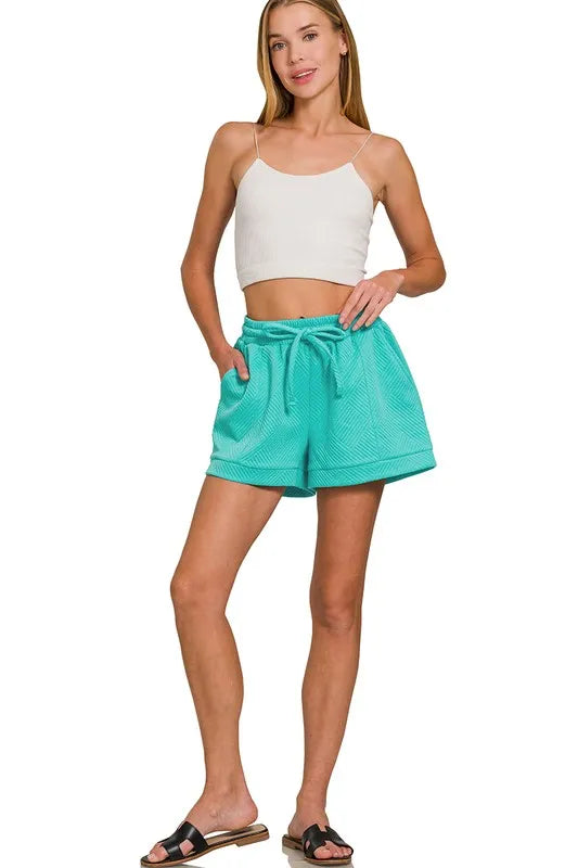 Zenana Turquoise Textured Knit Jacquard Drawstring Shorts