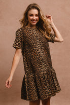 BiBi Tie Back Leopard Round Neck Short Sleeve Midi Dress