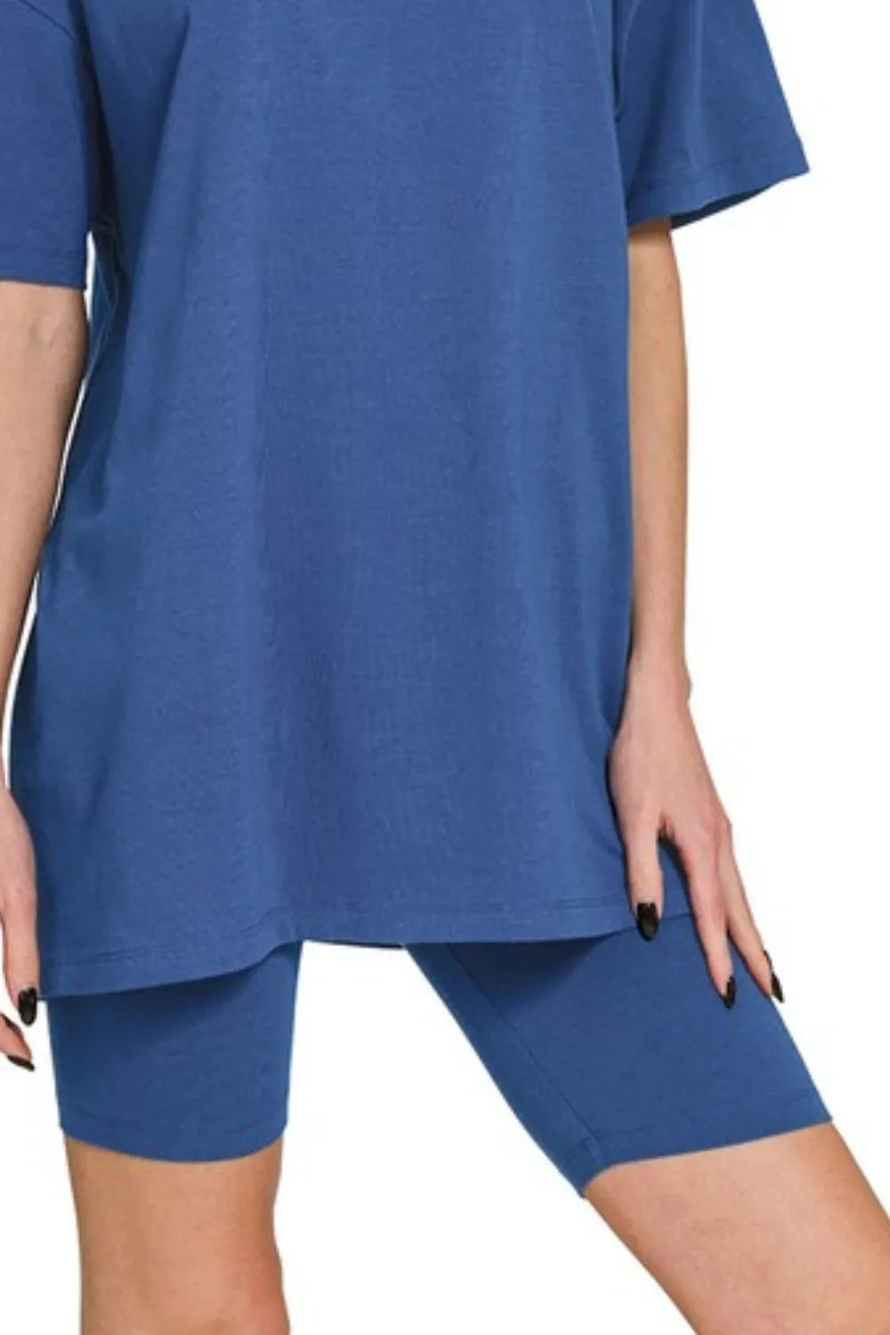 Zenana Light Navy Cotton Round Neck Top & Biker Shorts