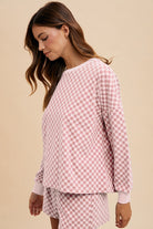 Annie Wear Blush Checkered Round Neck Top and Drawstring Shorts Set