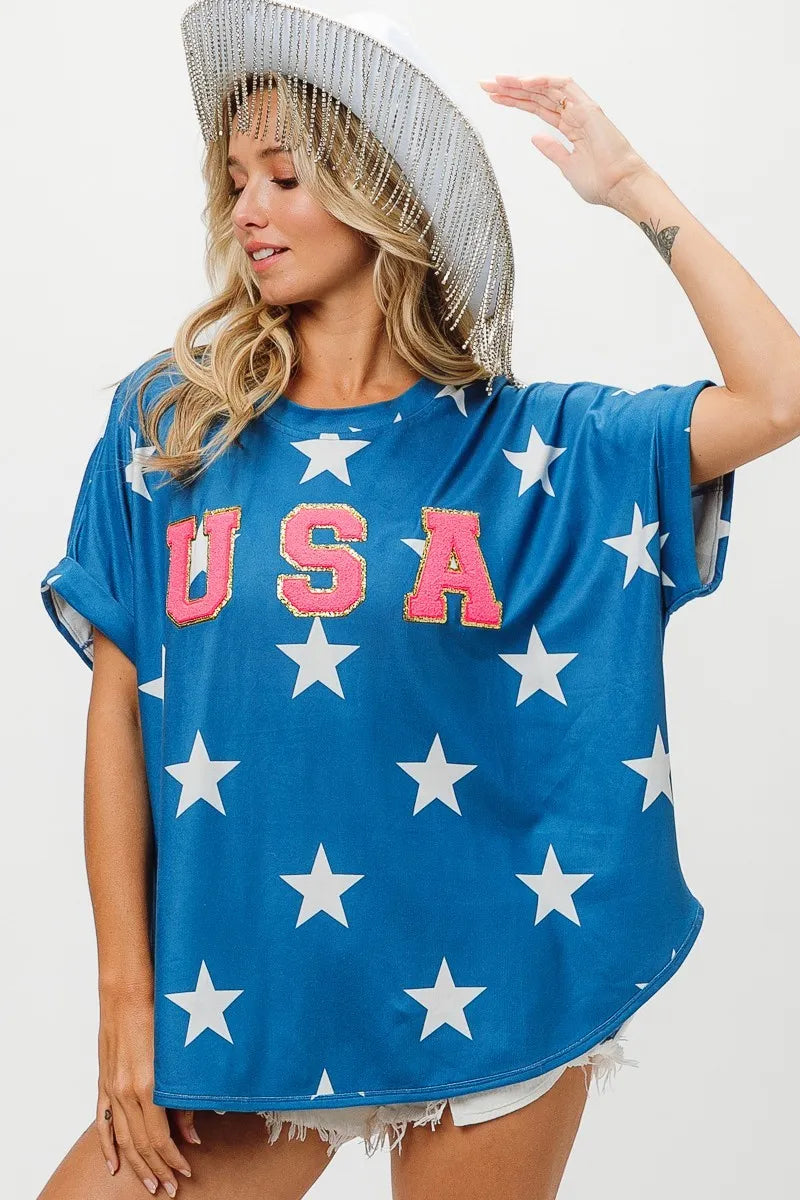 BiBi USA Fourth Of July Star Knit Blue Top BLUE