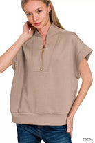 Zenana Cocoa Scuba High Neck Half Zip Top COCOA
