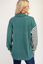 Celeste Turquoise Striped Button Up Dropped Shoulder Shacket Coats & Jackets