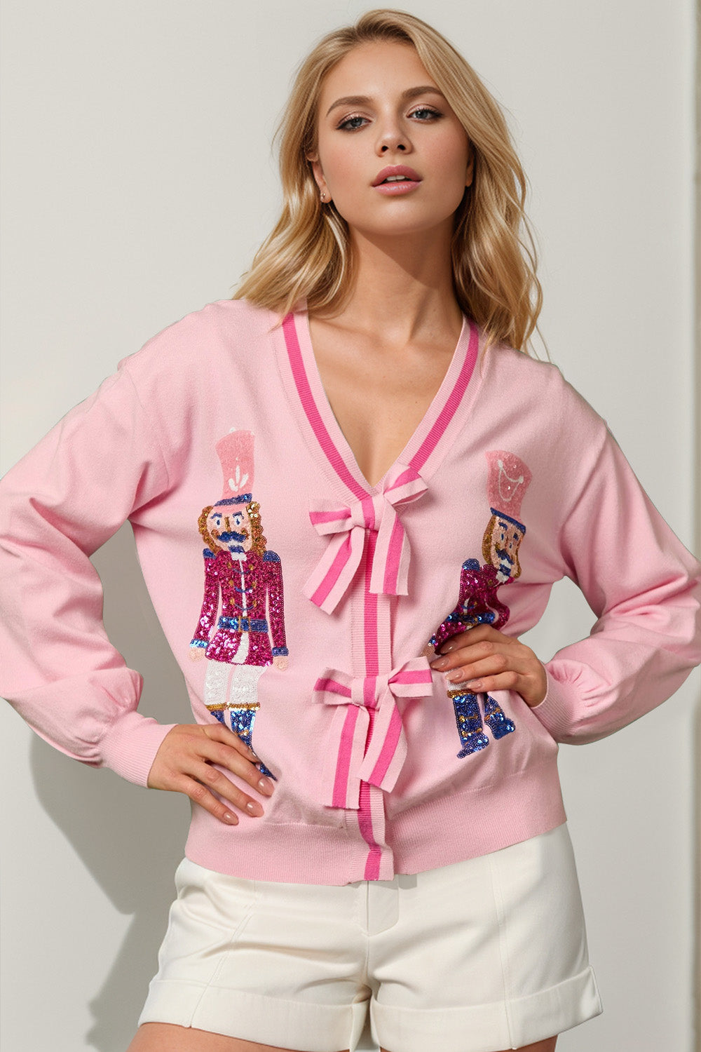 Preorder: 6 Colors- Double Take S-3X Nutcracker Sequin Bow Decor Cardigan Blush Pink Trendsi