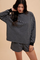 Annie Wear Black Checkered Round Neck Top and Drawstring Shorts Set