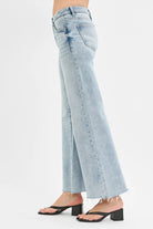 RISEN Tummy Control Low Rise Wide Leg Raw Cut Hem Jeans
