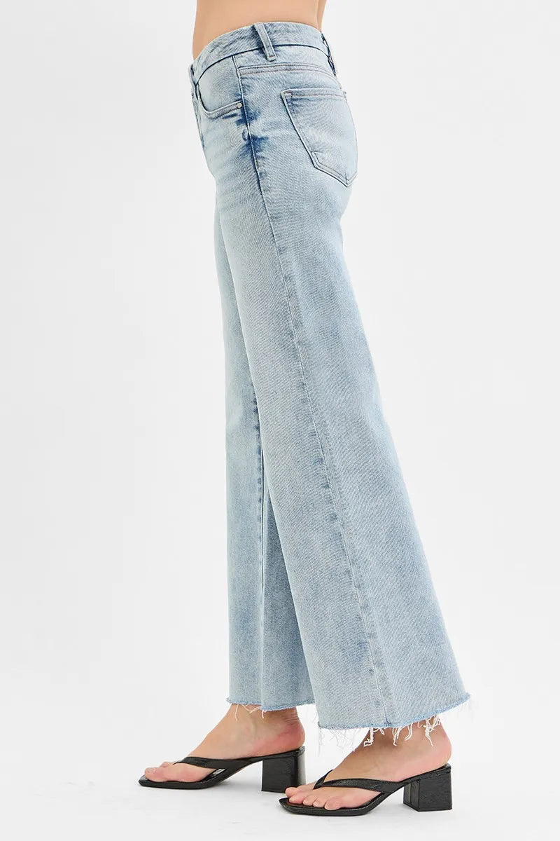 RISEN Tummy Control Low Rise Wide Leg Raw Cut Hem Jeans