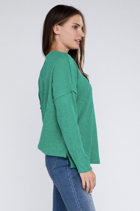 Zenana 4 Colors- Ribbed Brushed Melange Hacci Sweater with a Pocket Shirts & Tops